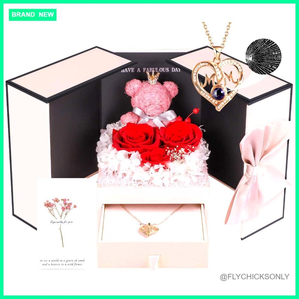Preserved Rose Gift Box with I Love You Mom Necklace, 3 Real Roses